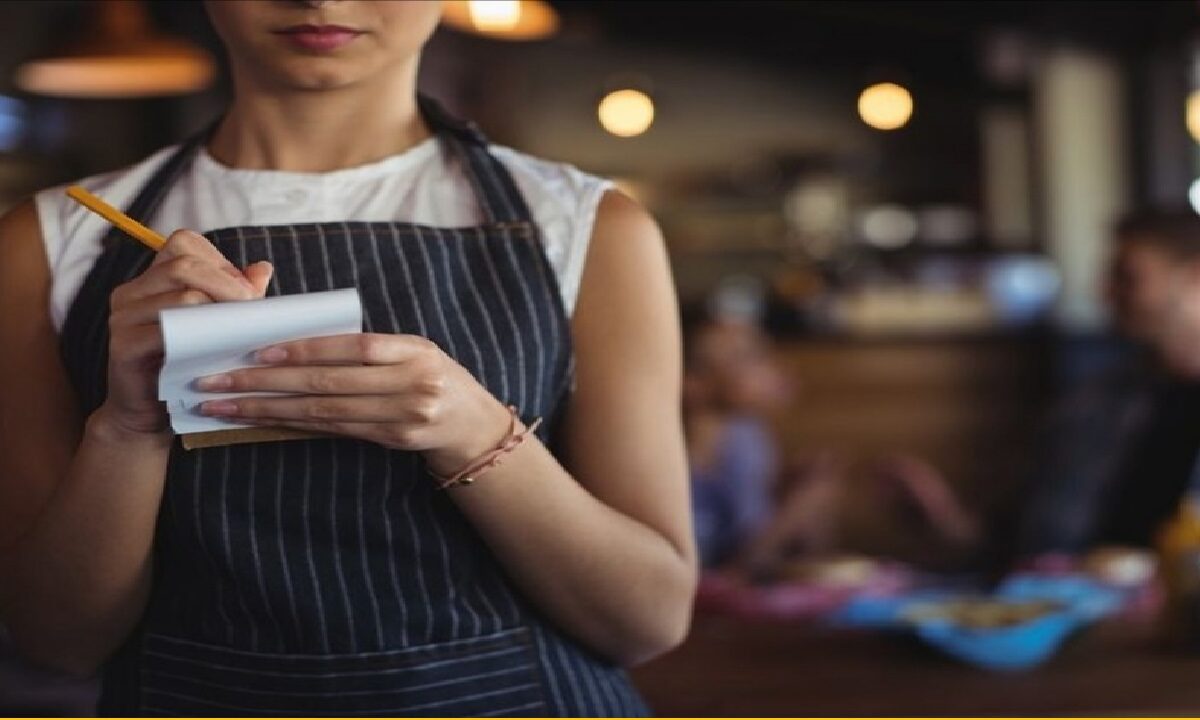 French Maid Waitress Serves Food To Customers On Knees