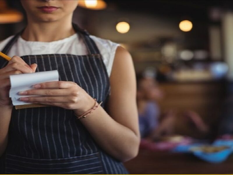 French Maid Waitress Serves Food To Customers On Knees